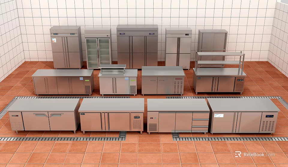 Stainless Steel Commercial Kitchen Equipment with Refrigerators Display Cabinets and Worktables on Red Tiled Floor 3d model 