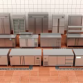 Stainless Steel Commercial Kitchen Equipment with Refrigerators Display Cabinets and Worktables on Red Tiled Floor