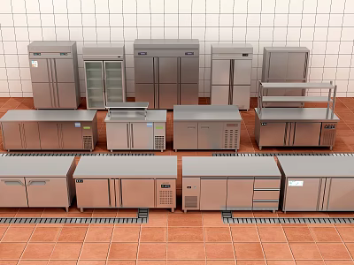 Stainless Steel Commercial Kitchen Equipment with Refrigerators Display Cabinets and Worktables on Red Tiled Floor 3d model