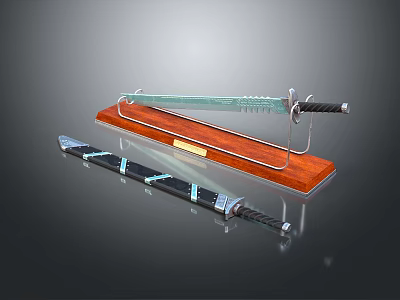 Warrior Swords Displayed on Wooden Stand with Metal Blades and Sheath 3d model