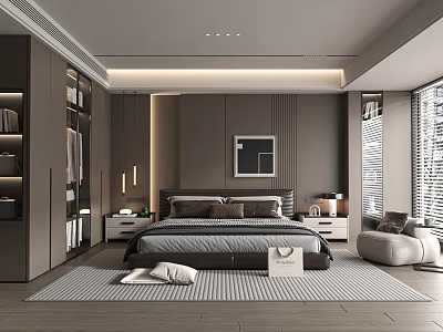 Modern Gray Bedroom Interior Design With Large Bed Wall Art Nightstands Wardrobe And Window Blinds 3d model