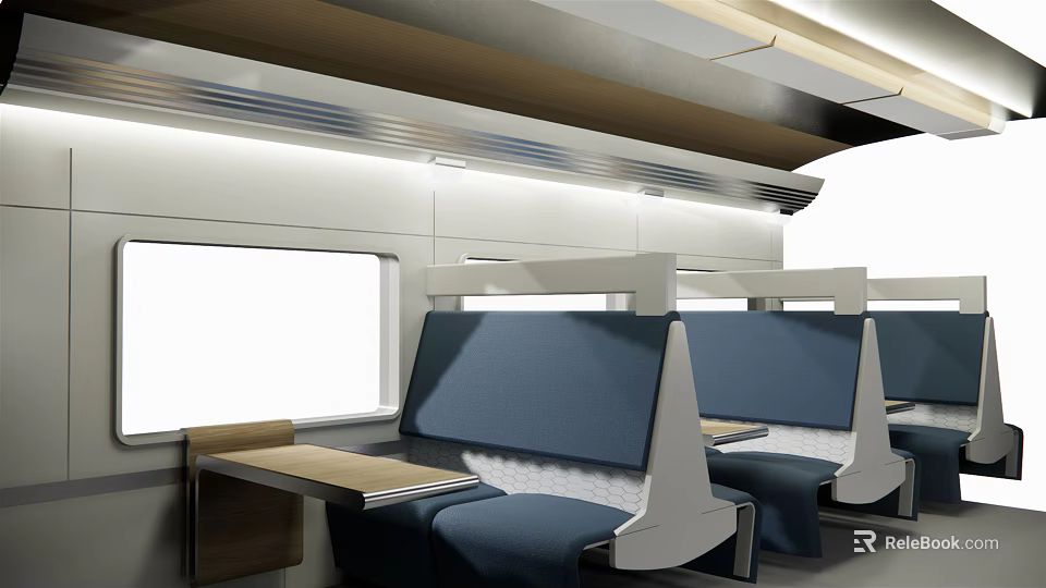 Modern Train Interior With Blue Seats Tables And Large Windows 3d model 
