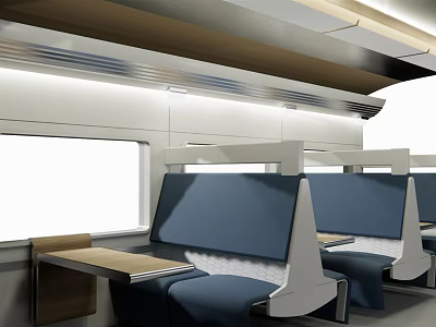 Modern Train Interior With Blue Seats Tables And Large Windows 3d model