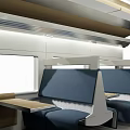 Modern Train Interior With Blue Seats Tables And Large Windows