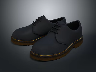 Black Leather Casual Shoes With Brown Sole And Yellow Stitching For Daily Use 3d model