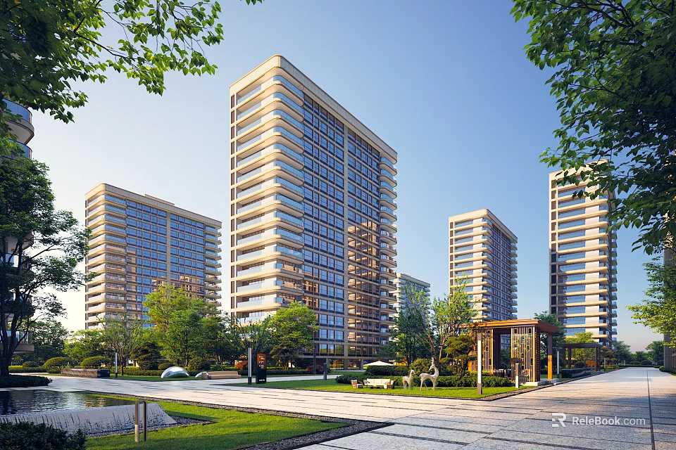 Modern High Rise Residential Buildings With Greenery Trees Lawn And Landscaping 3d model 