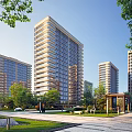 Modern High Rise Residential Buildings With Greenery Trees Lawn And Landscaping