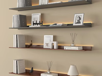 Modern Layered Bookshelf With LED Lighting Books Photo Frame And Decorative Ornaments 3d model