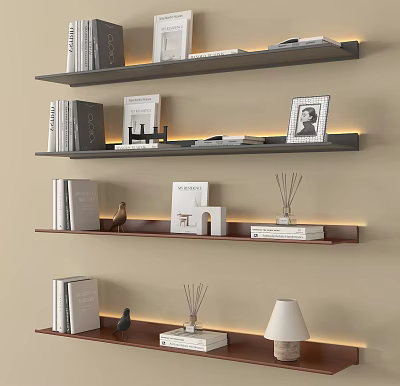 Modern Layered Bookshelf With LED Lighting Books Photo Frame And Decorative Ornaments 3d model