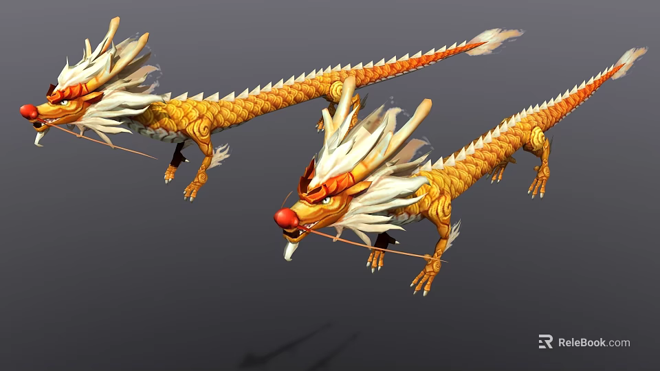 Game And Movie Character Design Of Golden Dragons With White Manes Red Noses And Scales 3d model 