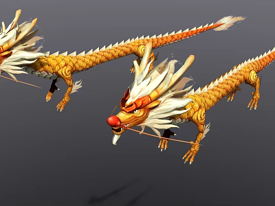 Game And Movie Character Design Of Golden Dragons With White Manes Red Noses And Scales 3d model