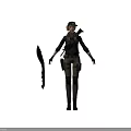 Female Warrior In Tactical Gear With Rifle And Large Knife Standing Against Dark Background