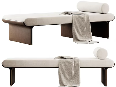 Modern Beige Upholstered Ottoman With Wooden Legs Blanket And Decorative Pillow 3d model