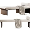 Modern Beige Upholstered Ottoman With Wooden Legs Blanket And Decorative Pillow
