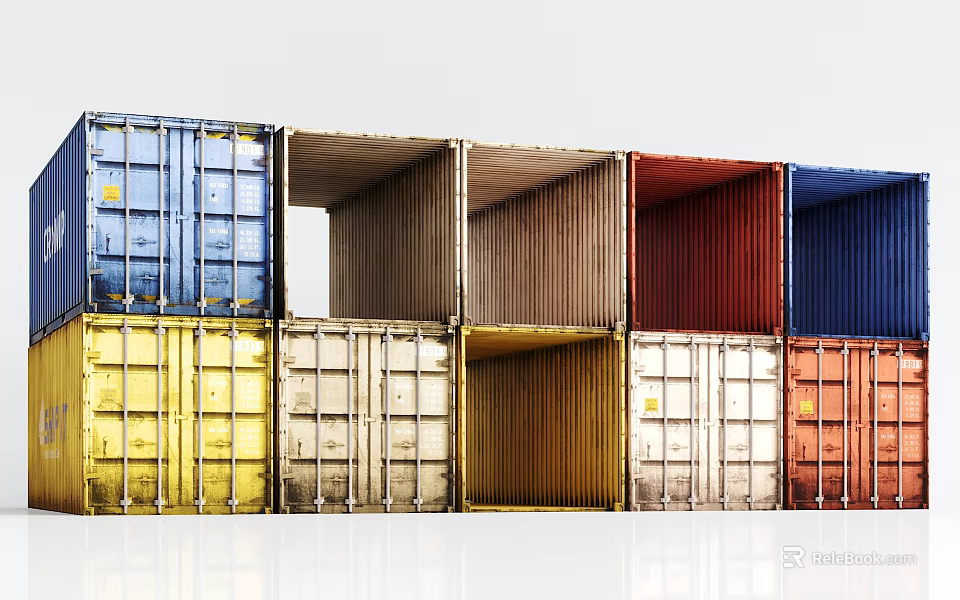 Colorful Industrial Shipping Containers Stacked in Blue Yellow and Red Hues for Logistics Operations 3d model 