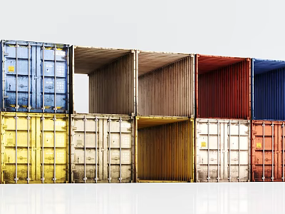 Colorful Industrial Shipping Containers Stacked in Blue Yellow and Red Hues for Logistics Operations 3d model