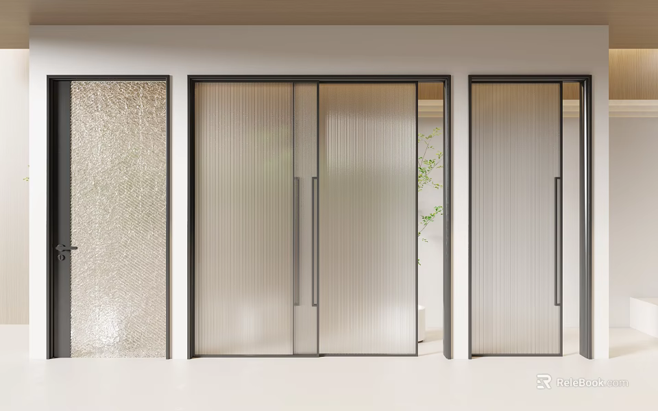 Modern Interior Glass Doors With Different Textures And Sleek Black Frames 3d model