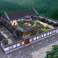 Ancient Chinese Architecture Traditional Courtyard With Central Pavilion Surrounded By Mountain And Green Trees