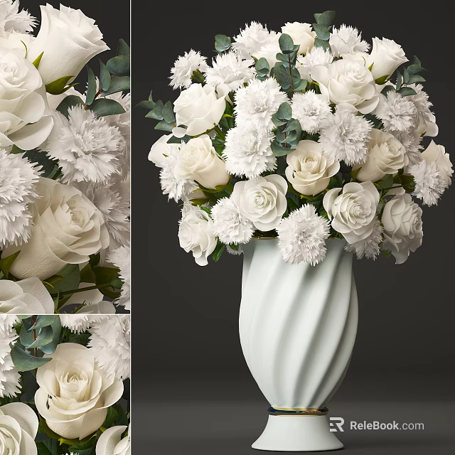 White Roses And Carnations In White Twisted Vase With Green Leaves 3d model 