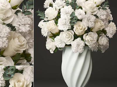White Roses And Carnations In White Twisted Vase With Green Leaves 3d model