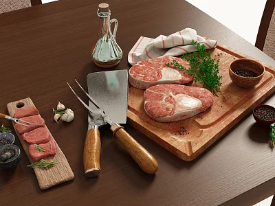 Raw Steak and Sliced Meat on Cutting Board with Knife Fork Garlic Herbs Olive Oil 3d model
