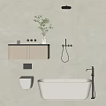 Modern Bathroom Interior With White Freestanding Bathtub Light Grey Walls And Wall Mounted Cabinet