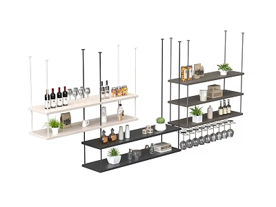 Modern White And Black Multi Tier Shelving Unit With Wine Bottles Glasses Plants Decor Items 3d model