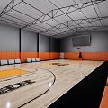Indoor Basketball Court Interior With Wooden Floor Orange Seats Hoop And Center Logo