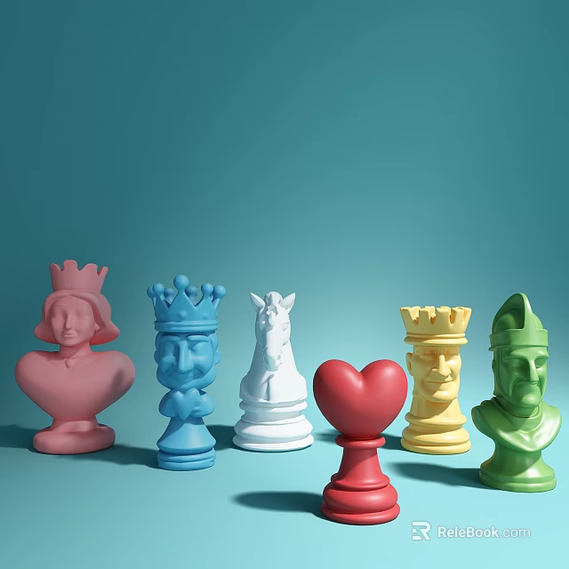 Vibrant Chess Character Dolls in Diverse Shapes and Light Blue Background 3d model 