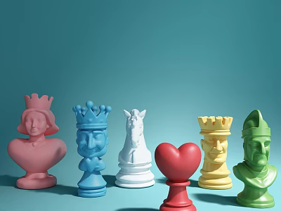 Vibrant Chess Character Dolls in Diverse Shapes and Light Blue Background 3d model
