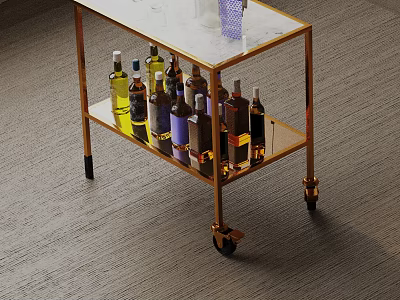 Modern Side Table with Gold Frame Glass Top and Wheels for Wine Storage 3d model