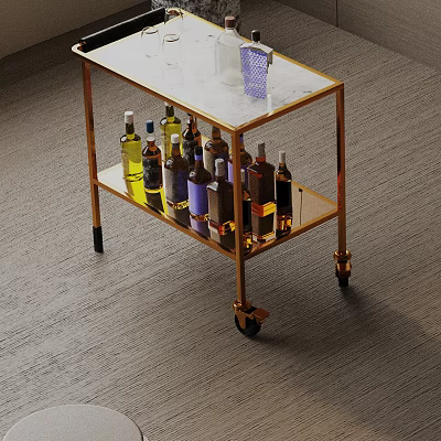 Modern Side Table with Gold Frame Glass Top and Wheels for Wine Storage 3d model