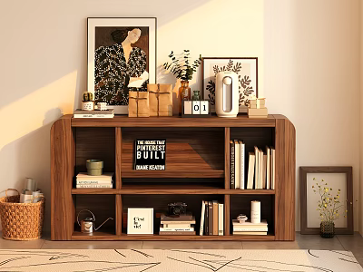 Decorative Wooden Shelf With Photo Frames Books Vase Decorative Boxes And Rug 3d model