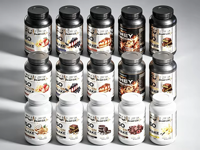 Variety of Nutritional Supplement Bottles With Black White Lids and Food Image Labels 3d model
