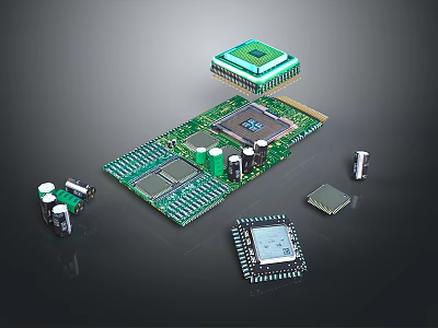 Green Circuit Board With Electronic Components And Chips For Electronic Appliances 3d model