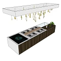 Modern Display Shelf with Glass Compartments Green Plants Wooden Frame and Golden Pendant Lights