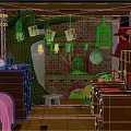 Cartoon Scene of Cozy Treehouse Kitchen with Brick Fireplace Wooden Shelves and Hanging Utensils