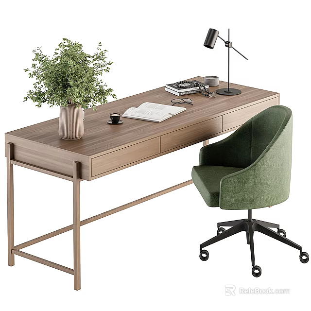 Wooden Office Desk With Green Plant Vase Open Book Coffee Cup Lamp And Green Chair 3d model 