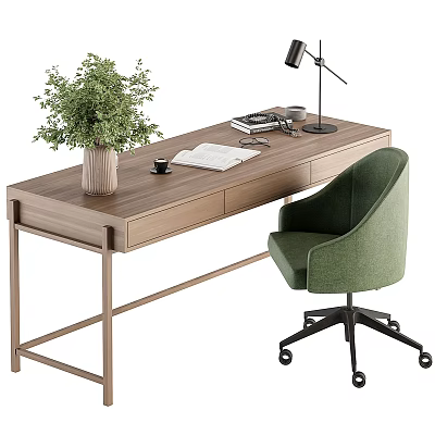 Wooden Office Desk With Green Plant Vase Open Book Coffee Cup Lamp And Green Chair 3d model