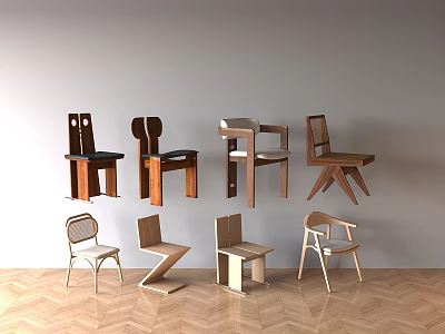 Stylish Modern Dining Chairs With Various Designs Backrests And Wooden Metal Frames For Home 3d model