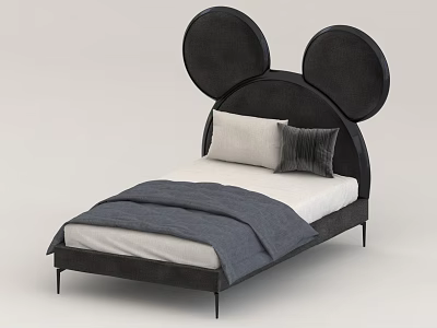Black Upholstered Children's Bed with Mickey Mouse Ears Headboard and Soft Pillows with Cozy Blanket 3d model