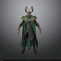 3D Rendered Loki Character Model With Green Gold Cape Horned Helmet And Detailed Armor