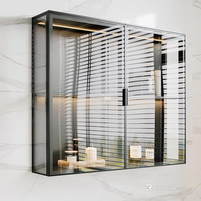 Modern Wall Cabinets Featuring Glass Doors Black Frame And Storage Items 3d model