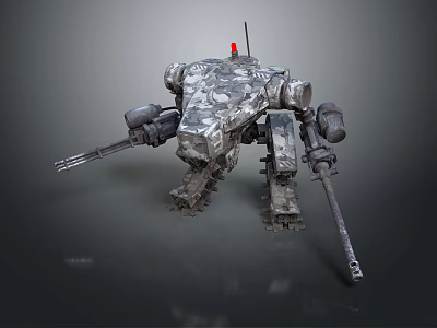Camouflage Mechanical Robot With Tracked Legs Armed Weapons And Red Signal Light 3d model