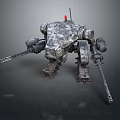Camouflage Mechanical Robot With Tracked Legs Armed Weapons And Red Signal Light