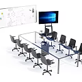 Glass Conference Table with Rolling Chairs Whiteboard Charts and Large Monitor in Meeting Room