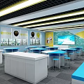 School Cafeteria Interior With Wooden Tables Stools Pendant Lights TV Screen And Windows