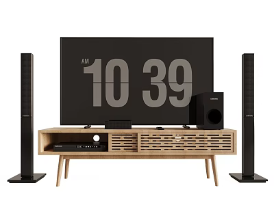 Modern TV with Wooden TV Stand Floor Speakers and Subwoofer Setup 3d model
