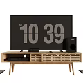 Modern TV with Wooden TV Stand Floor Speakers and Subwoofer Setup