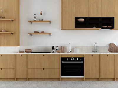Modern Kitchen Interior With Wooden Cabinets Countertop Wall Shelves And Oven 3d model